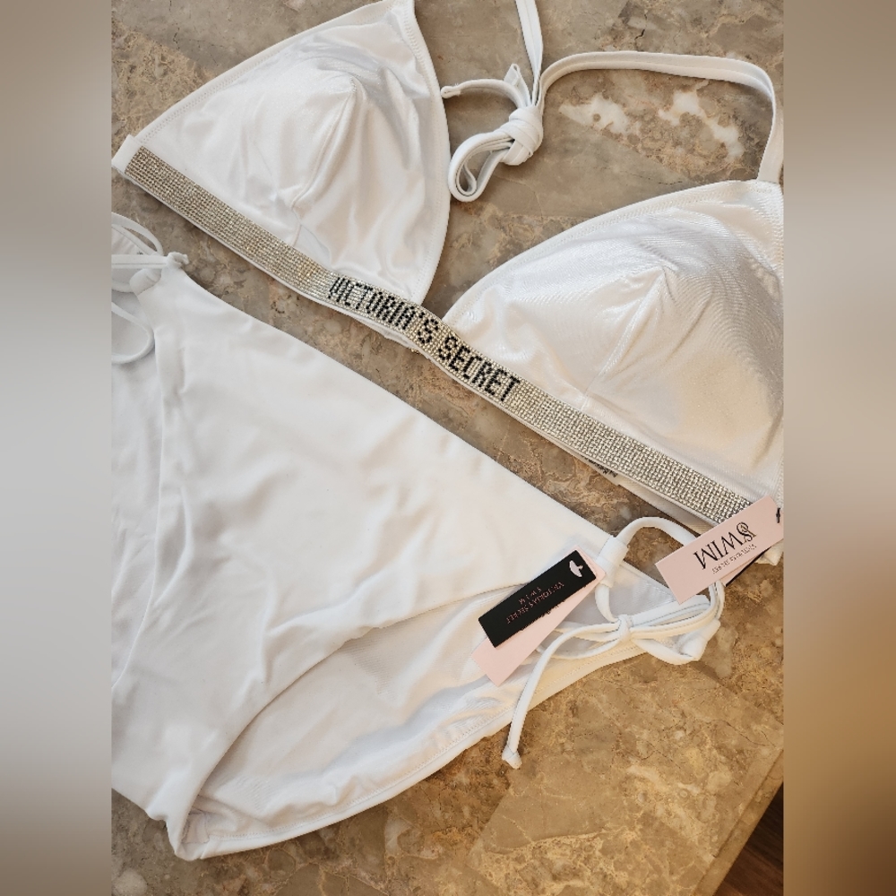 XXL/XL VS Swim Shine Strap Triangle Bikini Top Side Tie Bikini Set White - Picture 2 of 3